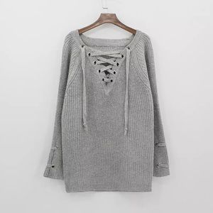 Grey Lace Up Oversized Knit Sweater Dress